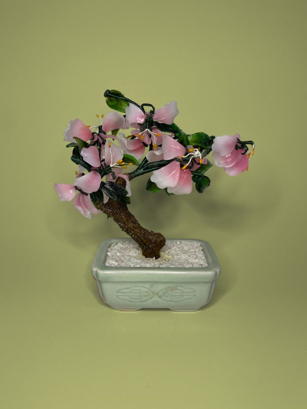 Vintage Glass Bonsai Tree - Pink Cherry Blossom Floral Sculpture